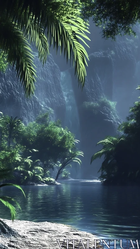 Sunlit tropical lagoon extends toward distant misty waterfall