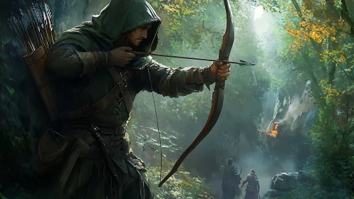 Forest archer holds steady, guarding a misty woodland path.