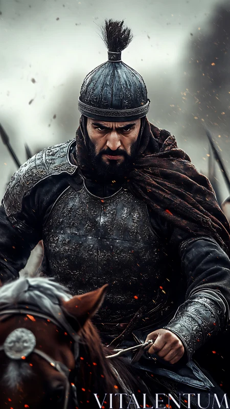 Armored medieval cavalry commander charging through embers