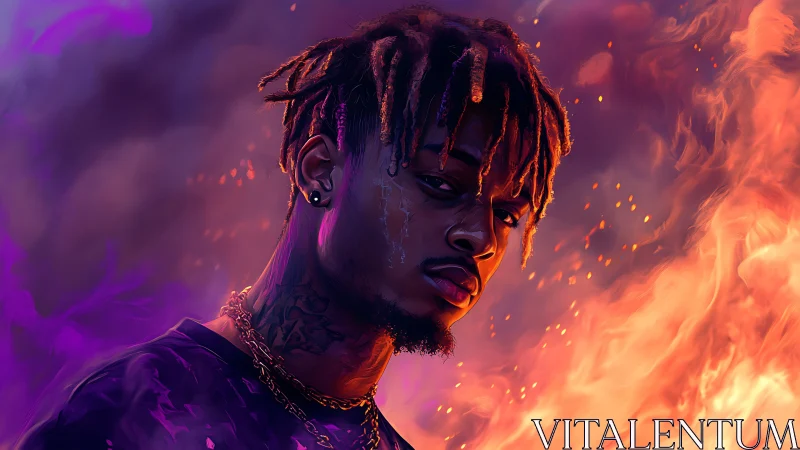 High-contrast portrait merges bicolor firelight with volumetric smoke