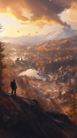 Lone wanderer overlooking vast molten autumn valley.