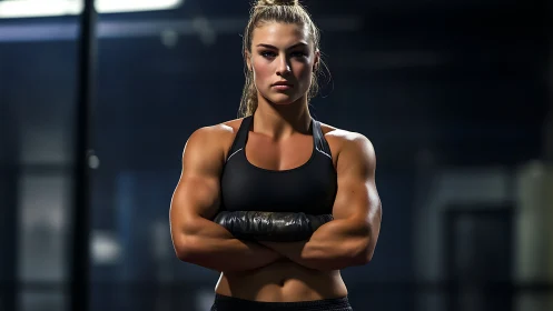Muscular woman stands in gym environment with arms crossed