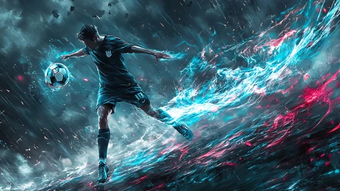 Soccer player drives glowing ball through storm energy surge