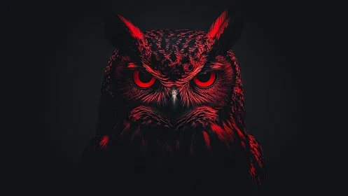 Midnight ember owl with glowing red gaze in the dark.