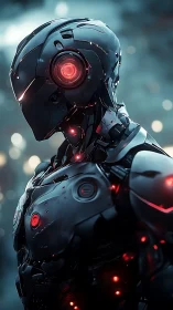 Cybernetic combat android stands in mist with red sensors active