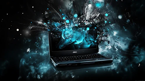 Explosive teal energy emerging from Dell multimedia laptop display.