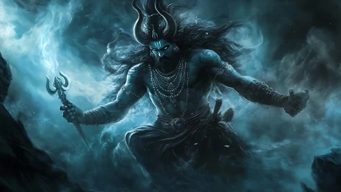 Mythic warrior figure in stormlit blue atmospheric setting.