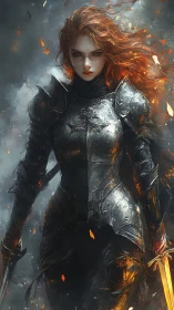 Fierce flame haired warrior strides through glowing embers.