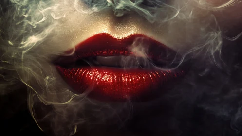 Glossy red lips emerge through swirling smoke in shadowy light