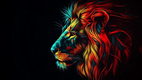 Neon lion profile pulses with vivid streaks of color.