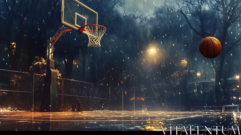 Night rain envelops a glowing city basketball court in motion