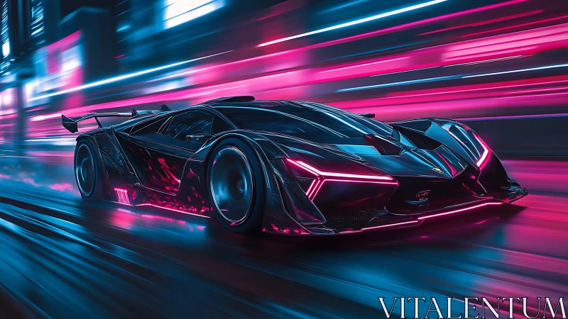 Neon-lit hypercar renders dynamic motion blur in cyberpunk corridor