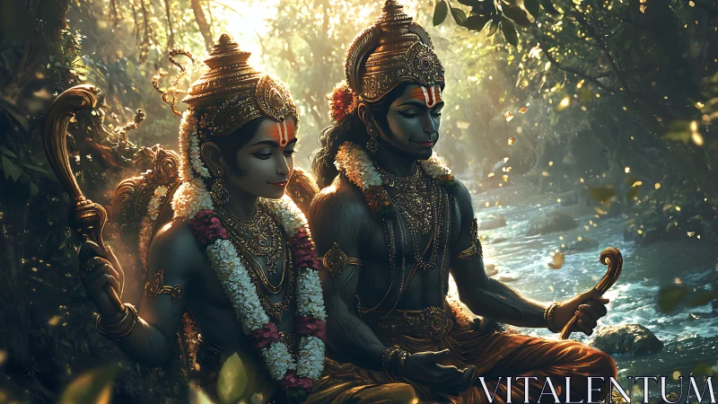 Divine warriors in forest meditation by a shimmering river.