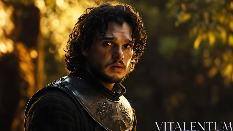 Armored warrior watches forest in golden sunset light.