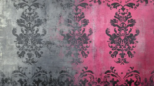 Dual-toned distressed damask wall with grunge patina overlay.