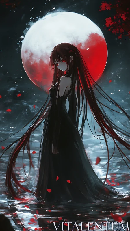 Moonlit girl in black dress stands calm beneath a crimson moon