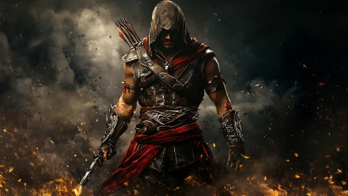 Hooded armored archer emerging from firelit battlefield smoke