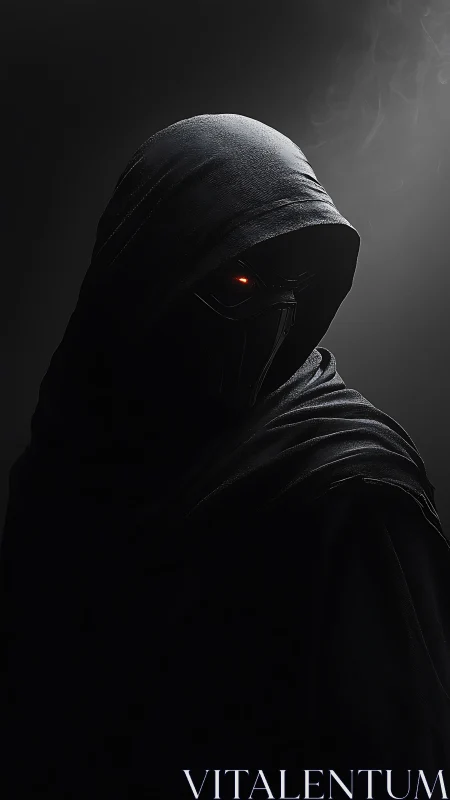 Hooded cyber mystic in shadow with single burning eye.