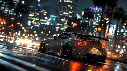 Aerodynamic street racer in neon drenched nocturnal downpour.