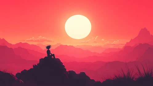 Sunlit wanderer savors a quiet moment above crimson peaks