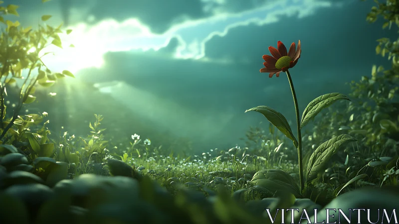 Lone crimson daisy greets stormlit sunrise on dewy meadow