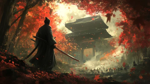 Lone samurai confronts temple gate in burning autumn forest.