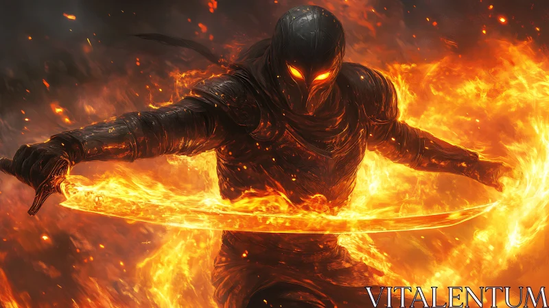 Flaming blade warrior in molten inferno swirl, digital art.