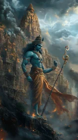 Mythic blue deity strides before storm-wreathed temple spires