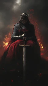Armored flame crowned queen with greatsword in chiaroscuro