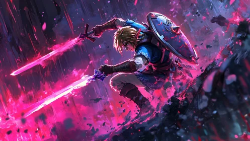 Sword-wielding fantasy warrior charges through neon storm