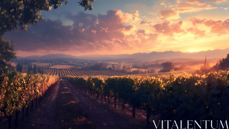 Sunlit vineyard valley under glowing sunset sky panorama.