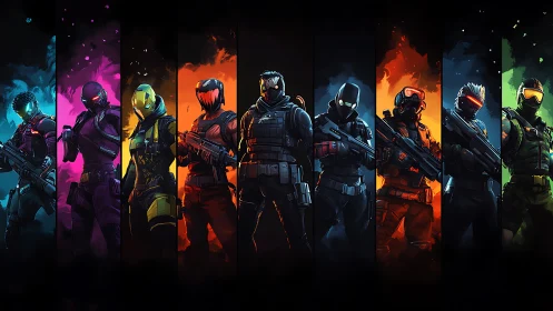 Tactical sci fi operators aligned in neon combat spectrum.