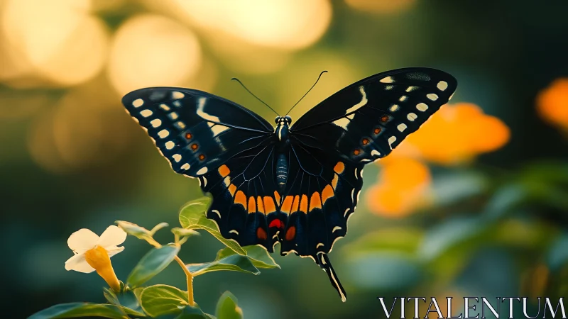 Iridescent black butterfly poised in warm bokeh garden glow.