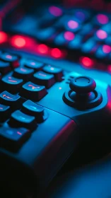 Gaming controller with keyboard under neon blue and pink lighting.