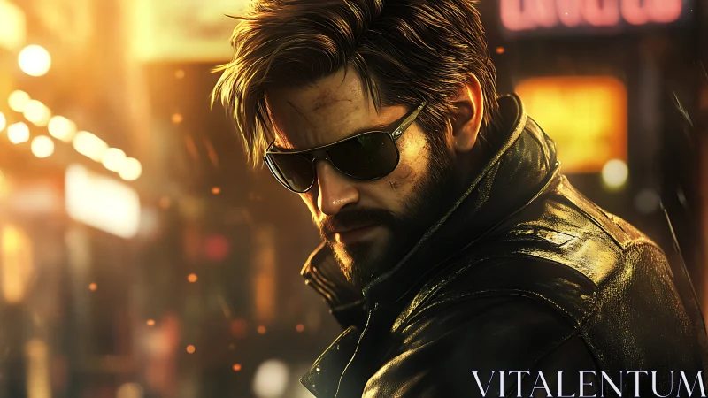 Brooding bearded man in sunglasses on neon city street.