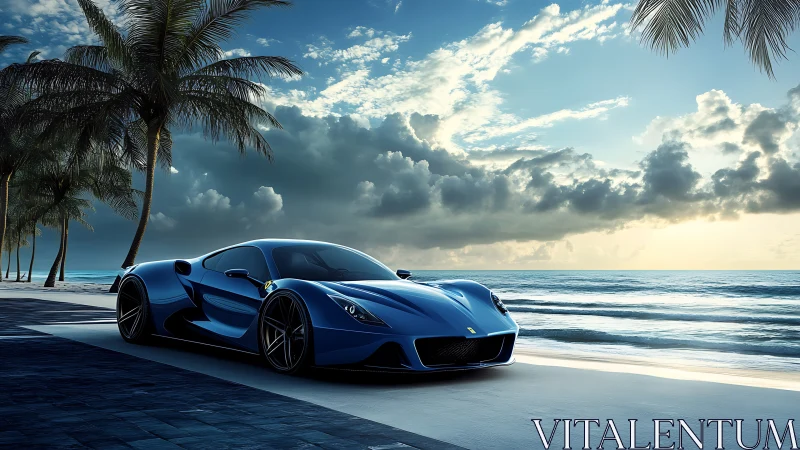 Blue supercar parked by tropical beach at sunset sky.
