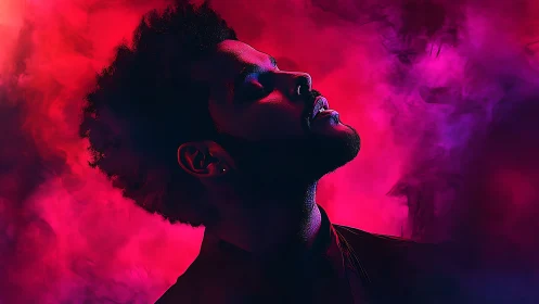 Silhouetted male profile in neon pink and purple smoke field.