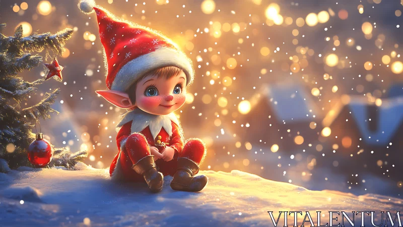 Luminescent winter elf portrait in cinematic snowfall field.