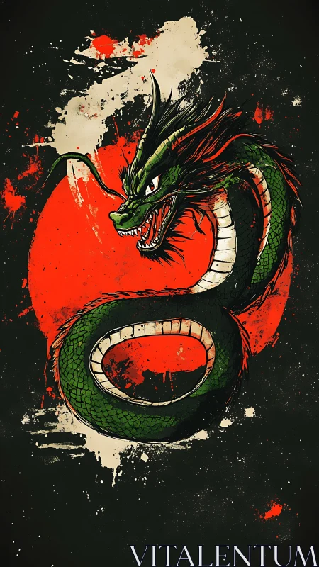 Serpentine dragon coil roaring before a blood-sun storm.