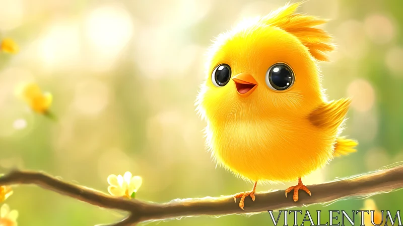 Cheerful Yellow Chick Perched on Wooden Branch
