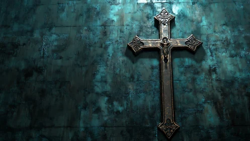 Gothic metal cross on distressed teal textured wall surface.