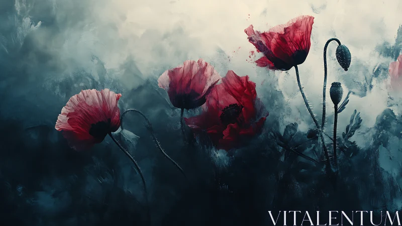 Red poppies in blue atmospheric landscape.