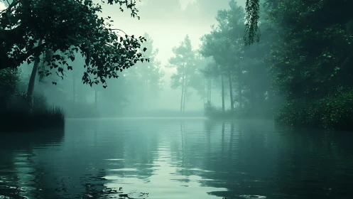 Misty Riverscape with Atmospheric Fog and Reflective Water.