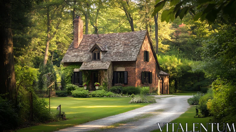 Brick cottage with shingle roof in wooded garden setting.