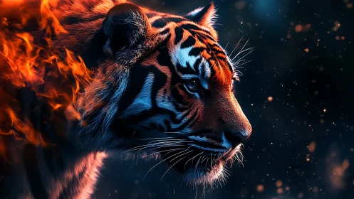 Tiger profile with stylized flames and dark background.