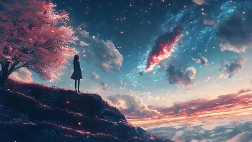 Stargazing girl trades whispered wishes with a drifting galaxy