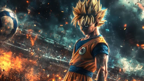 Hyperdynamic anime warrior in explosive stadium combustion field.