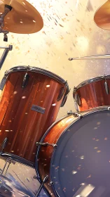 Resonant maple drum kit under dynamic cymbal scatterfield.
