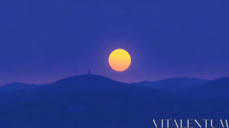 Solitary hilltower greeting a citrus moon at blue hour.
