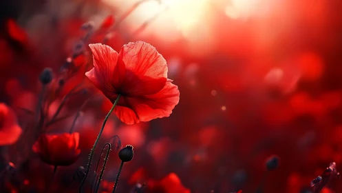 Red Poppy Bloom in Golden Light. Backlit Flower.